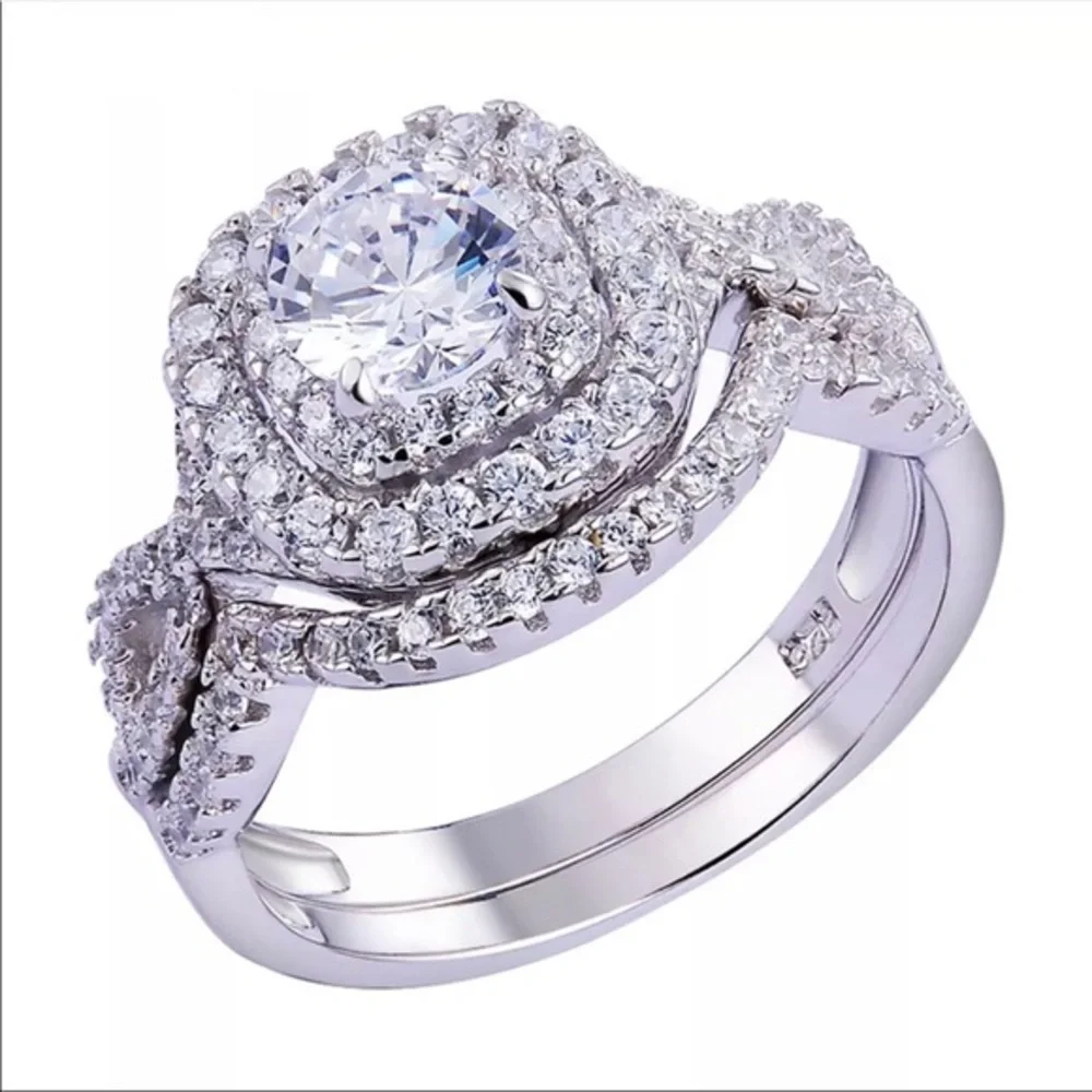 925 Sterling Silver Diamond Engagement Bridal Wedding 2 Band Ring Set Sz 5‎
